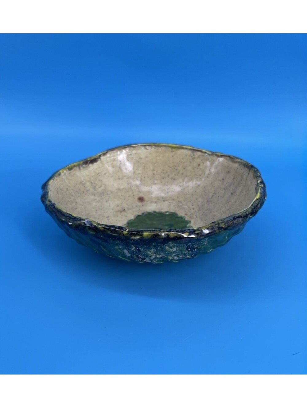 Vintage Green Art Pottery Bowl Handmade Textured Decorative 5.5”